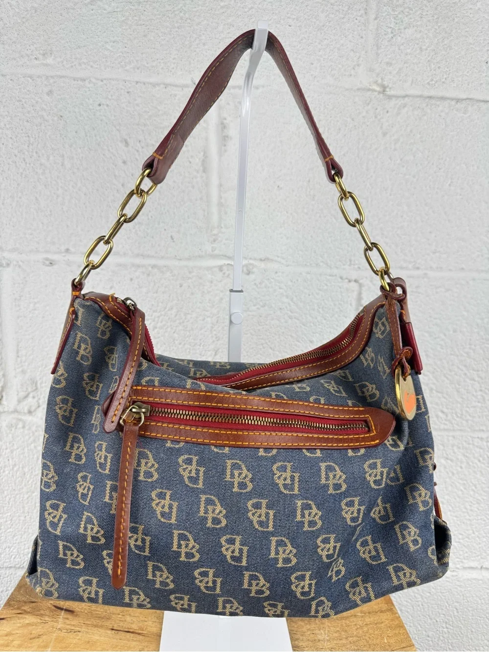 Dooney & Bourke Denim Monogram Hobo Shoulder Bag Leather Duck Charm Y2K